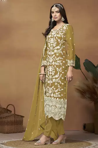 Mustard soft organza embroidered salwar suit