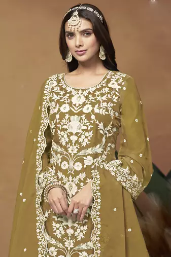 Mustard soft organza embroidered salwar suit