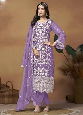 Lavender soft organza embroidered salwar suit 1