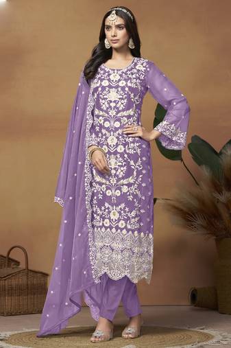 Lavender soft organza embroidered salwar suit