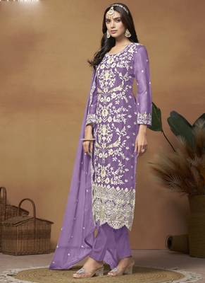 Lavender soft organza embroidered salwar suit 2