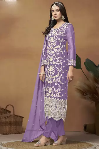 Lavender soft organza embroidered salwar suit