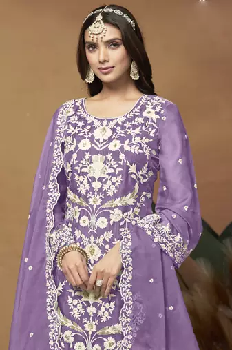 Lavender soft organza embroidered salwar suit