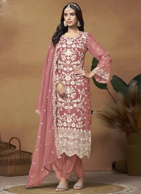 Peach soft organza embroidered salwar suit 1
