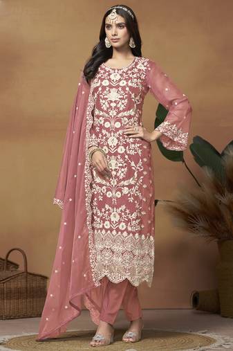 Peach soft organza embroidered salwar suit