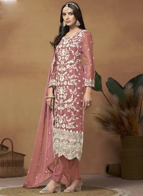 Peach soft organza embroidered salwar suit 2