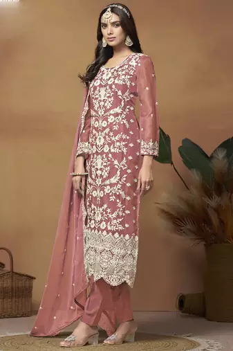 Peach soft organza embroidered salwar suit