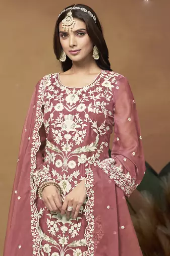 Peach soft organza embroidered salwar suit