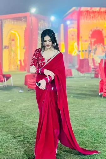 Premium Magenta Georgette Satin Saree With Stitched Embroidery Blouse