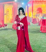 Premium Magenta Georgette Satin Saree With Stitched Embroidery Blouse