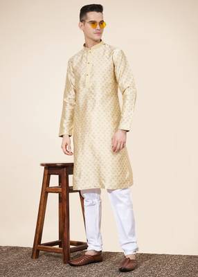 Cream jacquard butti straight kurta with payjama 2