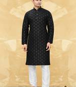 Black plain art silk straight kurta with payjama
