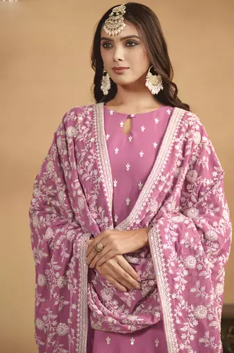 Pink faux georgette embroidered designer salwar suit