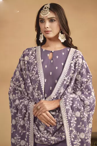 Purple faux georgette embroidered designer salwar suit