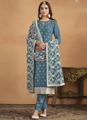 Grey faux georgette embroidered designer salwar suit 1