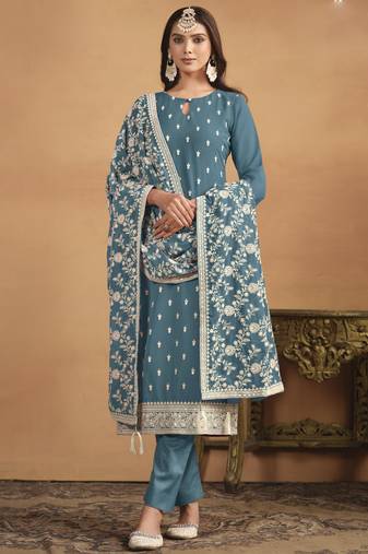 Grey faux georgette embroidered designer salwar suit