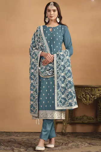 Grey faux georgette embroidered designer salwar suit