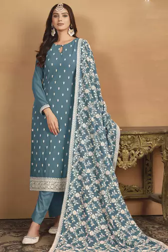 Grey faux georgette embroidered designer salwar suit