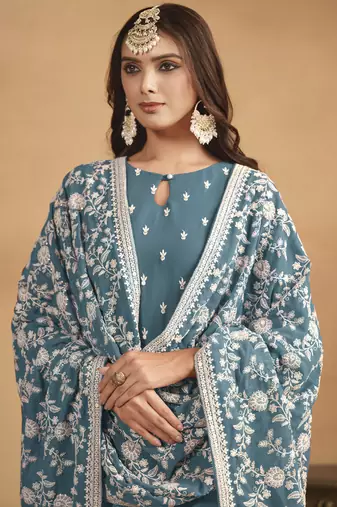 Grey faux georgette embroidered designer salwar suit