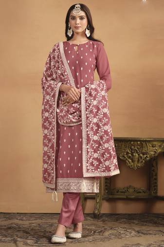 Peach faux georgette embroidered designer salwar suit