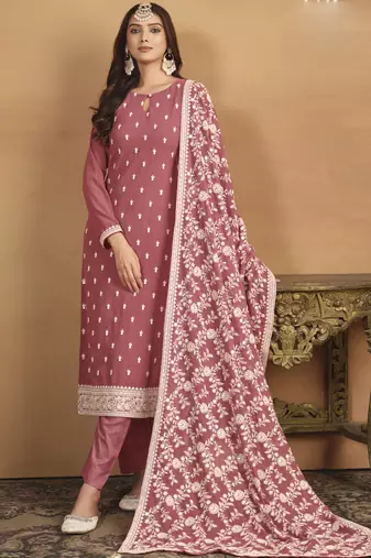 Peach faux georgette embroidered designer salwar suit