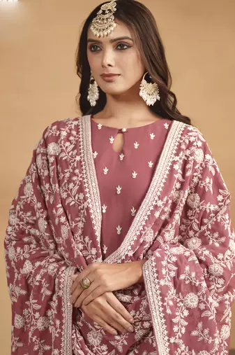 Peach faux georgette embroidered designer salwar suit