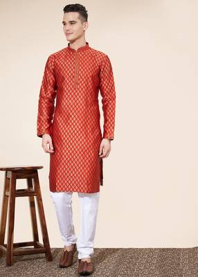 Maroon jacquard butti straight kurta with payjama 1