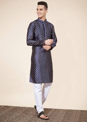 Blue jacquard butti straight kurta with payjama 1
