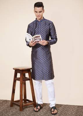 Blue jacquard butti straight kurta with payjama 2