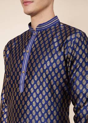 Blue jacquard butti straight kurta with payjama 3