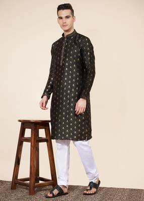 Black jacquard butti straight kurta with payjama 1