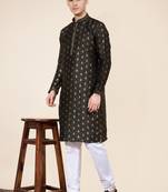 Black jacquard butti straight kurta with payjama