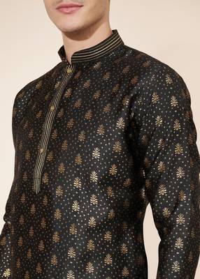 Black jacquard butti straight kurta with payjama 3