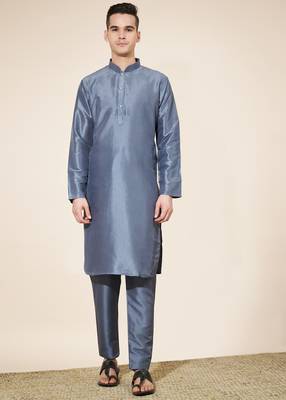 Grey plain silk straight kurta with payjama 1