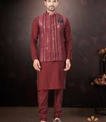 Maroon embroidered silk jacket & silk maroon kurta with payjama