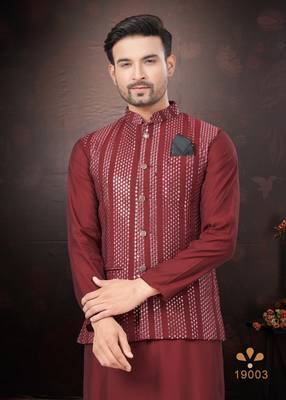 Maroon embroidered silk jacket & silk maroon kurta with payjama 3