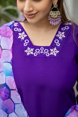 Embroidery Neck with Rayon Slub Fabric Straight Kurta, Pant and Dupatta Set 4