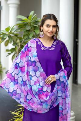 Embroidery Neck with Rayon Slub Fabric Straight Kurta, Pant and Dupatta Set 5