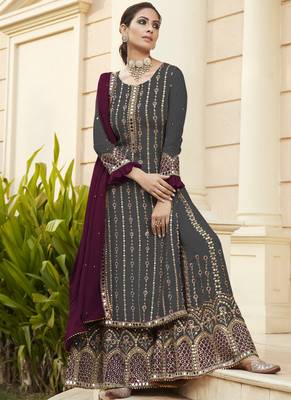 Dark grey georgette pakistani salwar kameez semi stitched 1
