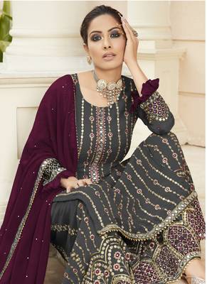 Dark grey georgette pakistani salwar kameez semi stitched 2