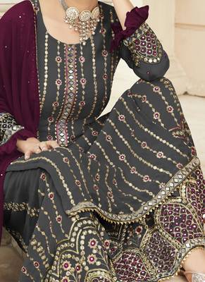 Dark grey georgette pakistani salwar kameez semi stitched 4