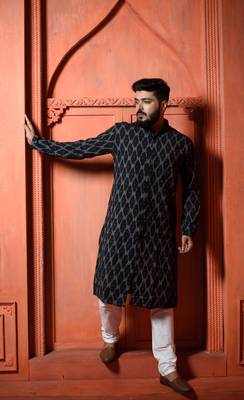 Black ikat Mens Kurta Pajamas Set 1