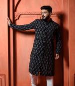 Black ikat Mens Kurta Pajamas Set
