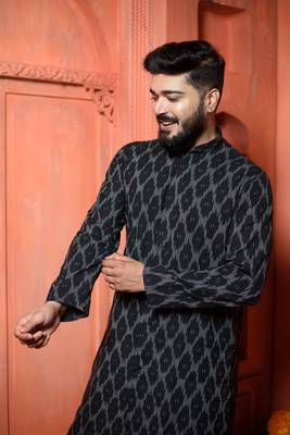 Black ikat Mens Kurta Pajamas Set 2
