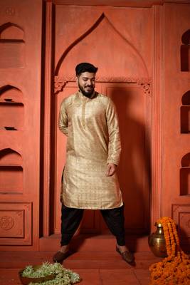 Gold Jaquard Embroidered Cotton Silk Men's Kurta 1
