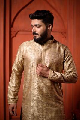 Gold Jaquard Embroidered Cotton Silk Men's Kurta 2