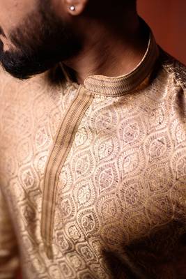 Gold Jaquard Embroidered Cotton Silk Men's Kurta 3