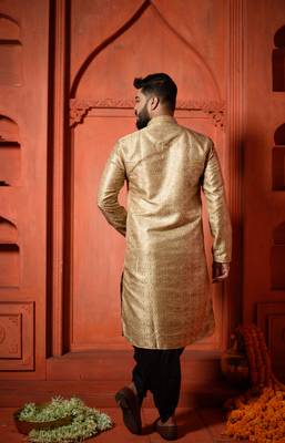 Gold Jaquard Embroidered Cotton Silk Men's Kurta 4