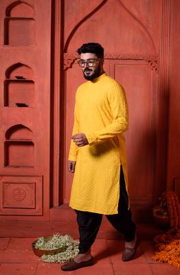 Yellow sequin Mens Kurta Pajamas Set 1