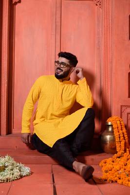 Yellow sequin Mens Kurta Pajamas Set 2